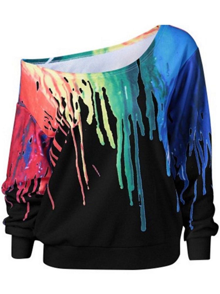 Kvinders Løse Farverige 3d-print Skrå Krave-sweatshirt