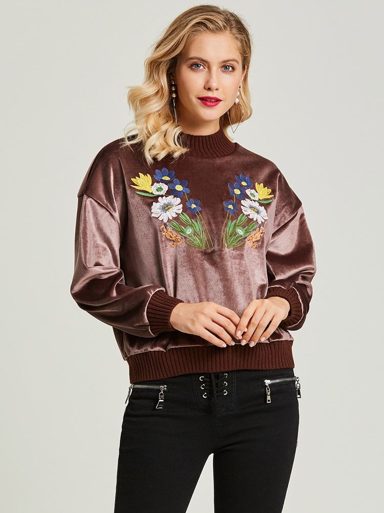 Rund Hals Floral Broderet Pullover Dame Hættetrøje