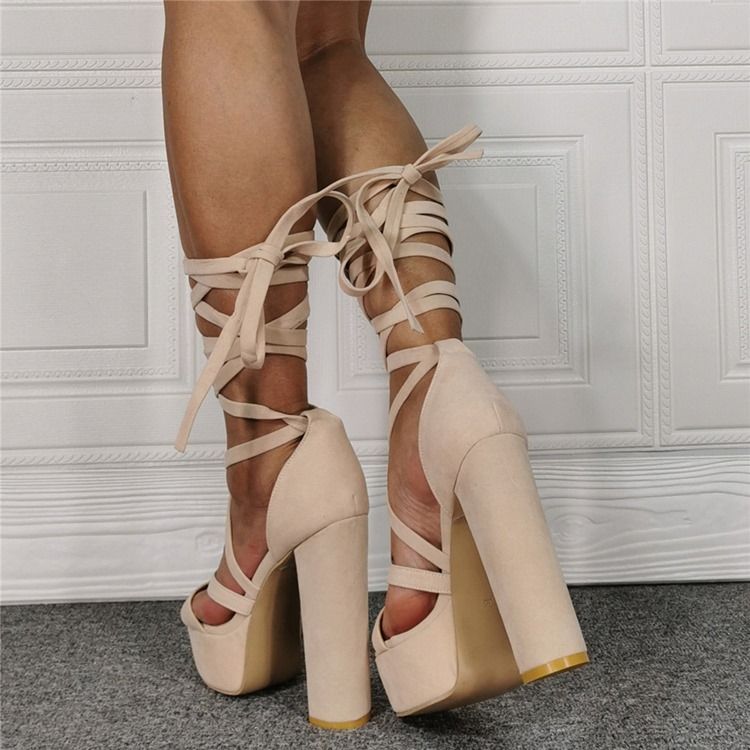 Chunky Heel Lace-up Round Toe Beige Damesandaler