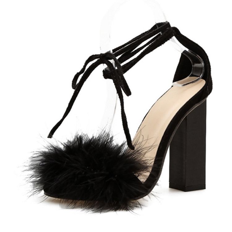 Faux Fur Lace-up Chunky Heel Sandaler Til Kvinder