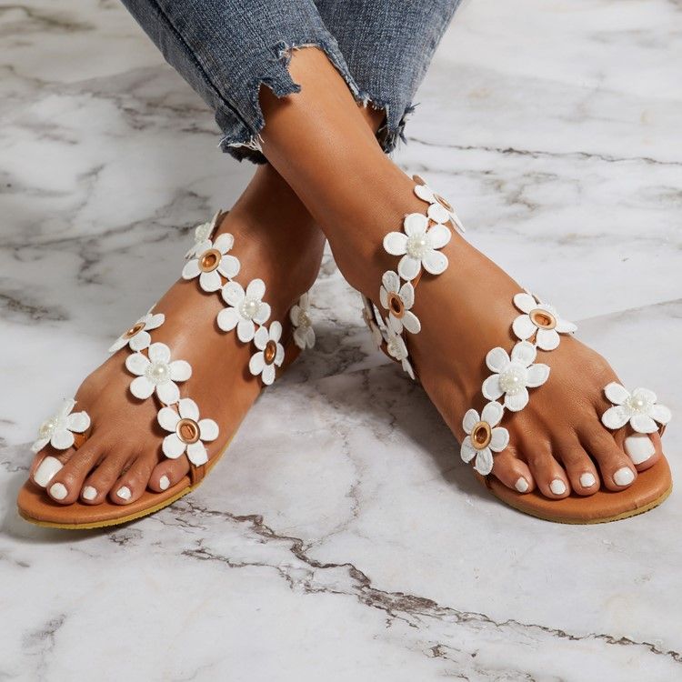 Floral Toe Ring Slip-on Kvinders Flade Sandaler