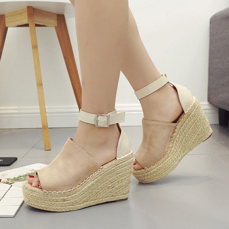 Kvinder Buckle Peep Toe Platform Espadrille Wedge Sandals