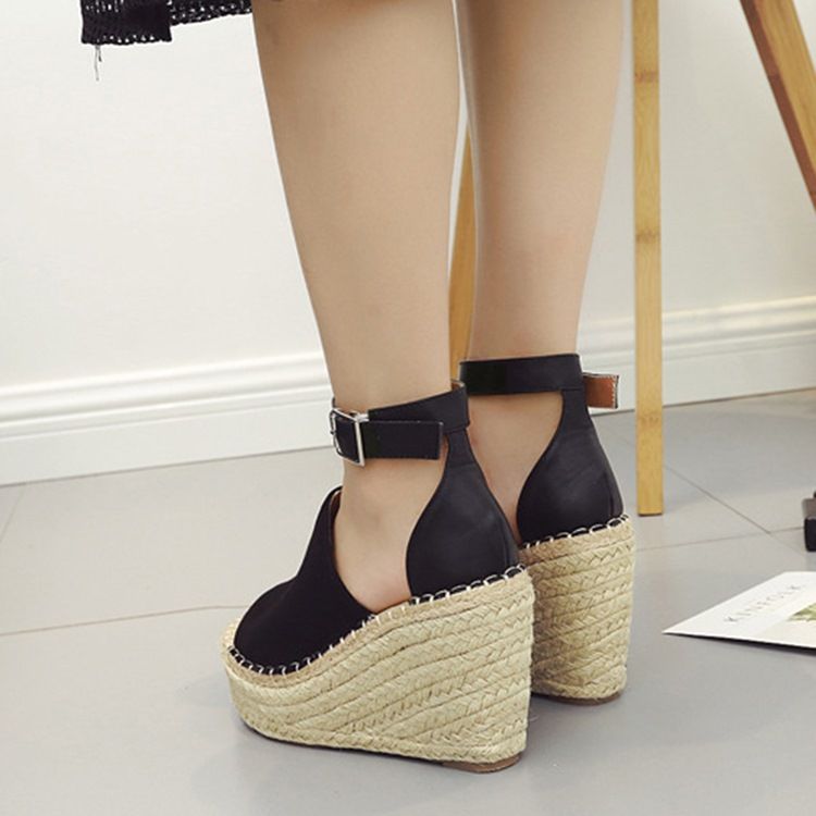 Kvinder Buckle Peep Toe Platform Espadrille Wedge Sandals