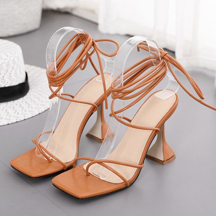 Kvinder Lace-up Square Toe Spool Heel Plain Sandaler