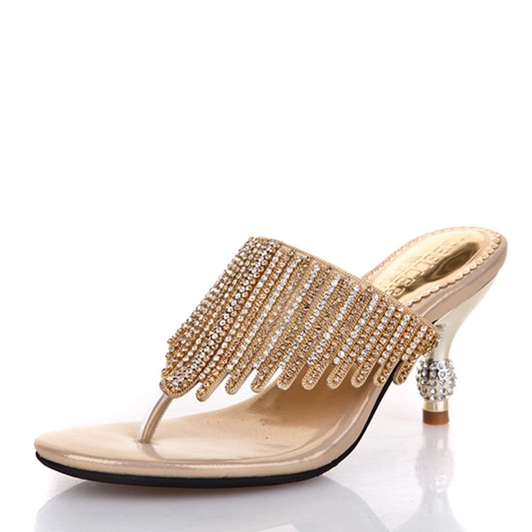 Kvinder Rhinestone Thong Slip-on Spool Heel Mules Sko