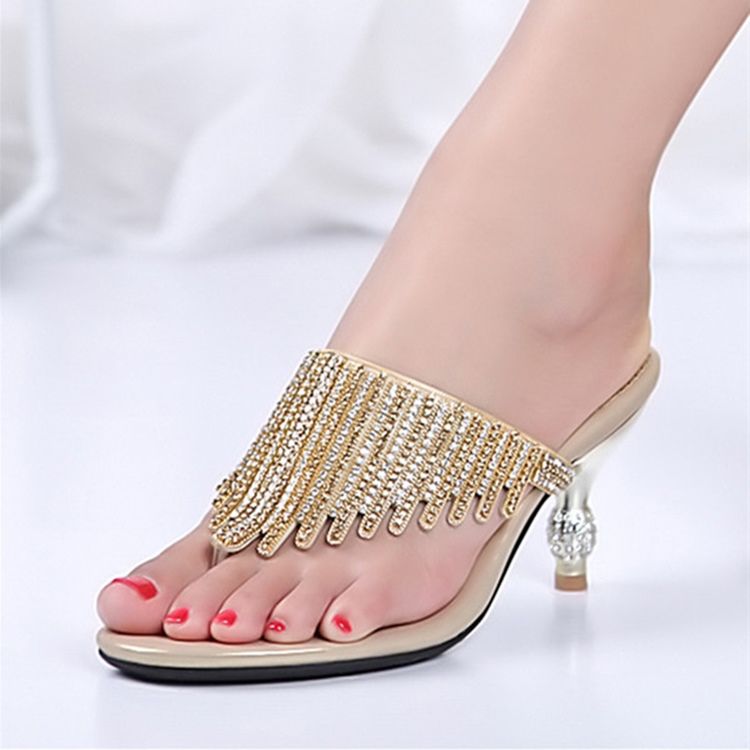 Kvinder Rhinestone Thong Slip-on Spool Heel Mules Sko