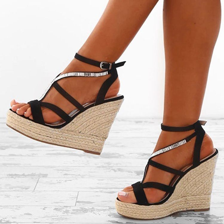 Kvinder Rhinestone Vævet Platform Strappy Wedge Heel Espadrille Sandaler