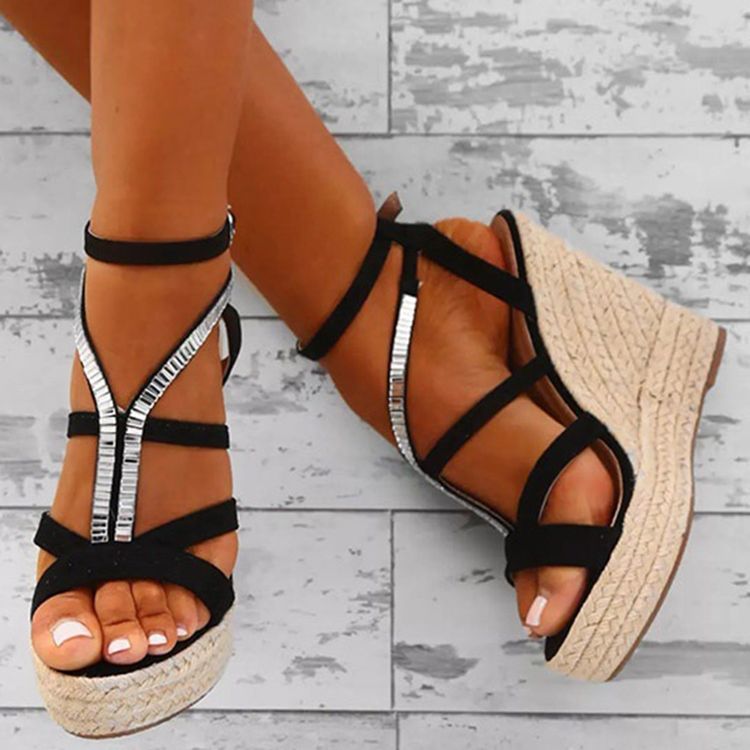 Kvinder Rhinestone Vævet Platform Strappy Wedge Heel Espadrille Sandaler