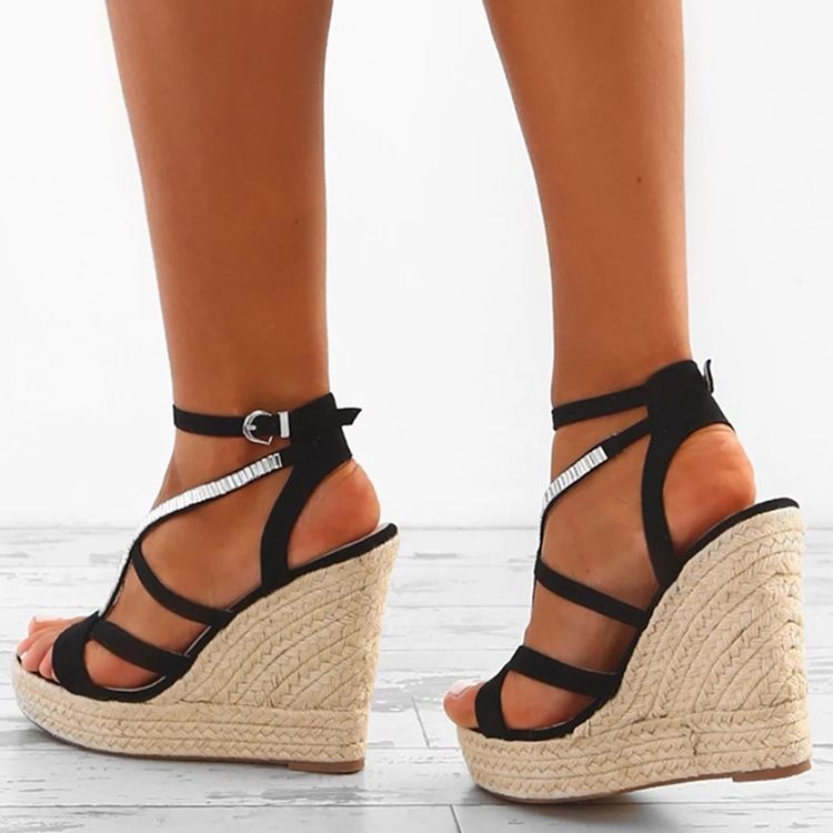 Kvinder Rhinestone Vævet Platform Strappy Wedge Heel Espadrille Sandaler