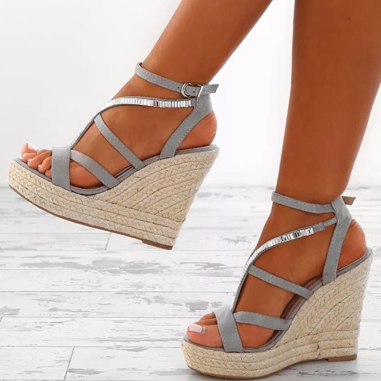 Kvinder Rhinestone Vævet Platform Strappy Wedge Heel Espadrille Sandaler