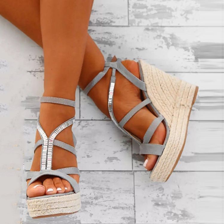 Kvinder Rhinestone Vævet Platform Strappy Wedge Heel Espadrille Sandaler