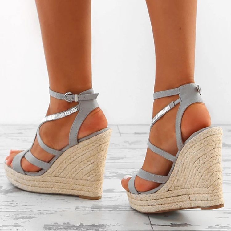 Kvinder Rhinestone Vævet Platform Strappy Wedge Heel Espadrille Sandaler