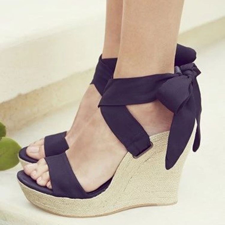 Kvinder Sort Bowtie Wedge Heel Sandaler