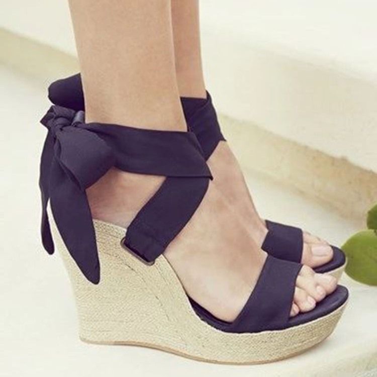 Kvinder Sort Bowtie Wedge Heel Sandaler