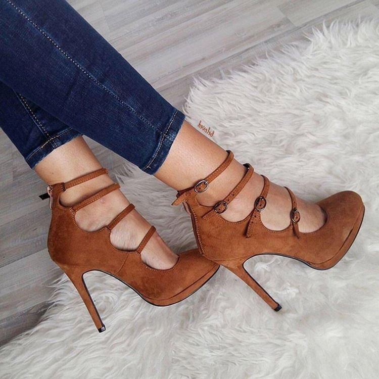 Kvinder Suede Buckle High-cut Stiletto Heel Pumps