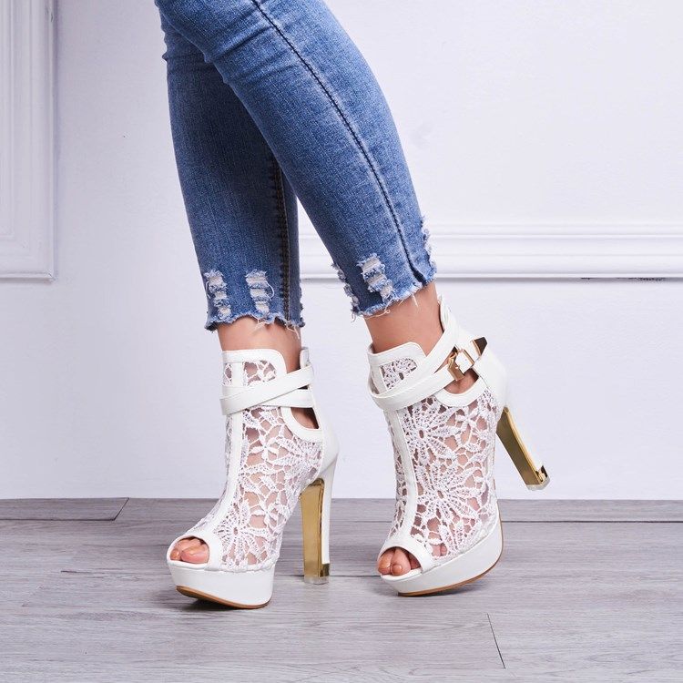 Kvinders Blonder Detaljer Peep Toe Hvide Hæle Platform Sandaler