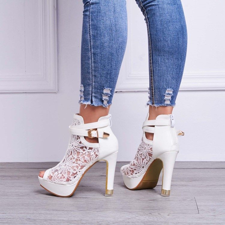 Kvinders Blonder Detaljer Peep Toe Hvide Hæle Platform Sandaler