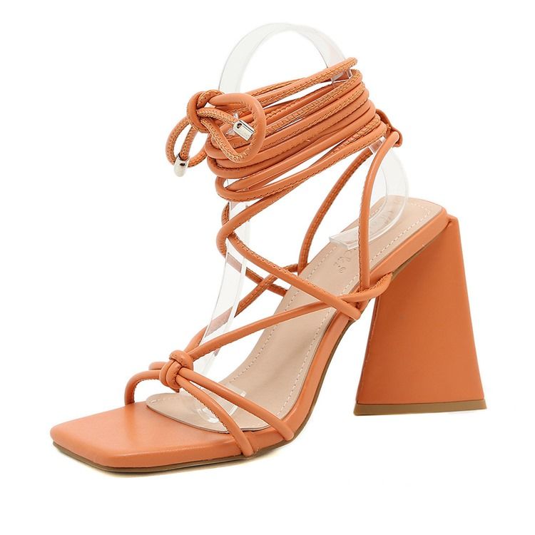 Lace-up Chunky Heel Square Toe Cross Strap Damesandaler