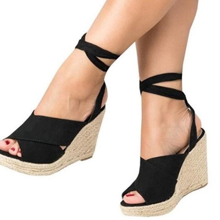 Peep Toe Lace-up Wedge Heel Sandaler Til Kvinder