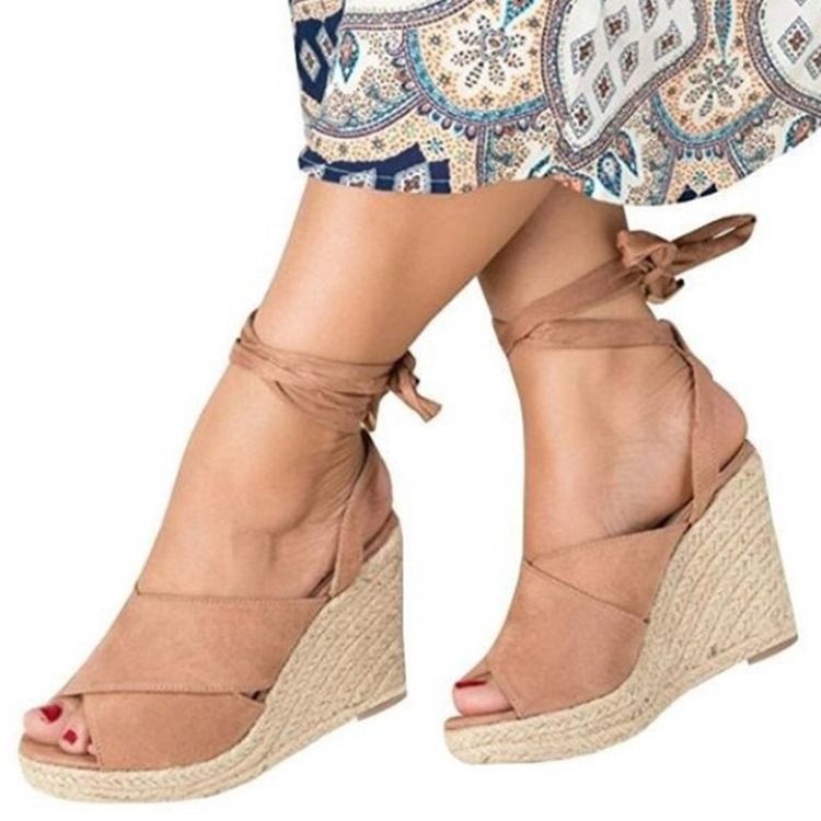 Peep Toe Lace-up Wedge Heel Sandaler Til Kvinder