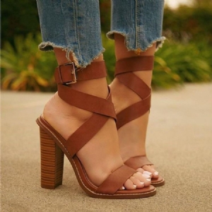 Plain Buckle Strappy Chunky Heel Sandaler Til Kvinder