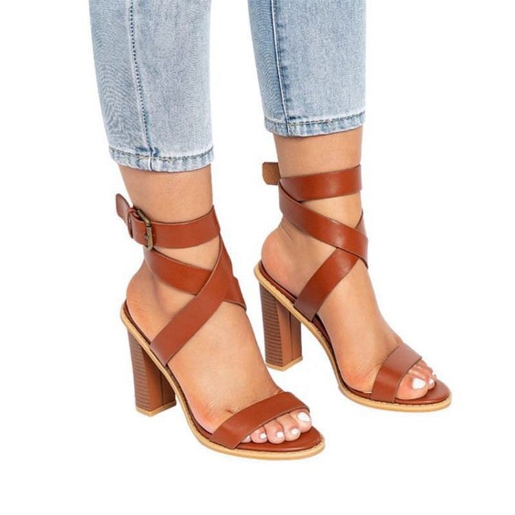 Plain Buckle Strappy Chunky Heel Sandaler Til Kvinder