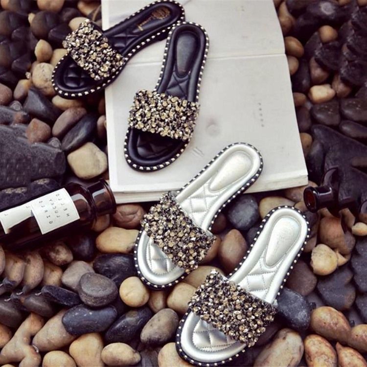 Rhinestone Pu Slip-on Tøfler Til Kvinder