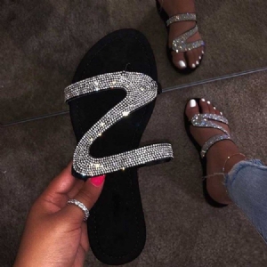 Rhinestone Slip-on Block Heel Kvinder Flade Sandaler