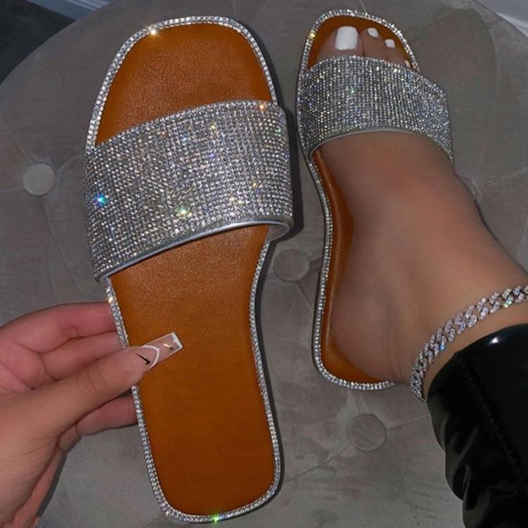 Rhinestone Slip-on Flat Med Tøfler Til Kvinder