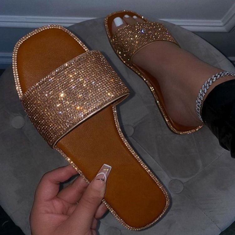 Rhinestone Slip-on Flat Med Tøfler Til Kvinder