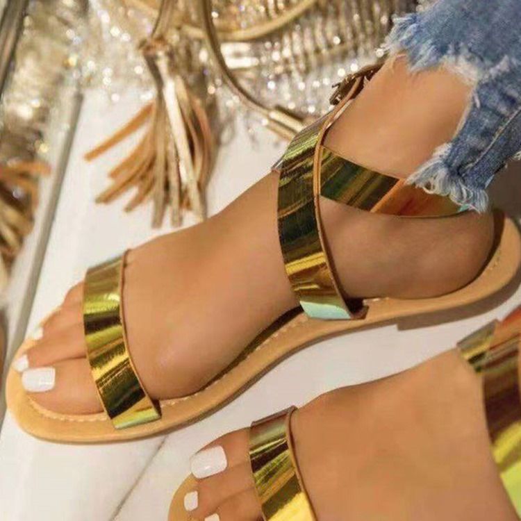 Round Toe Buckle Flat With Western Women's Pu Sandals