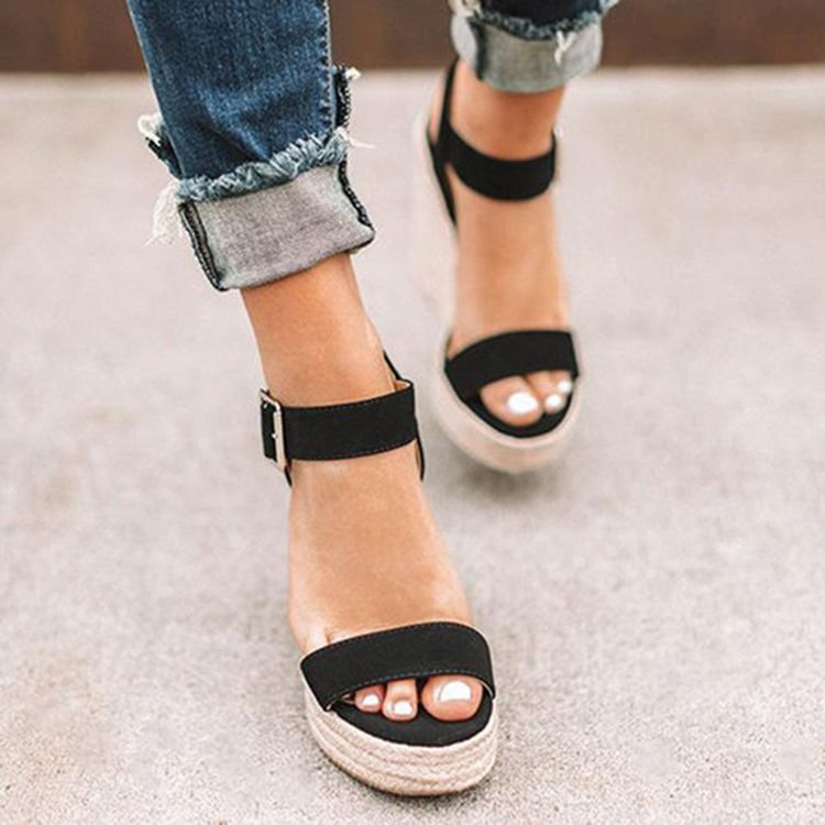 Wedge Heel Round Toe Buckle Patchwork Damesandaler