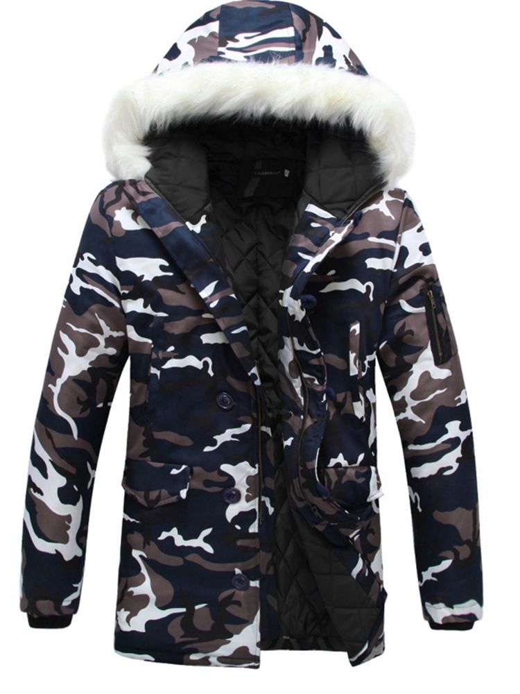 Camouflage Print Faux Fur Collar Thicken Zipper Men's Winter Coat