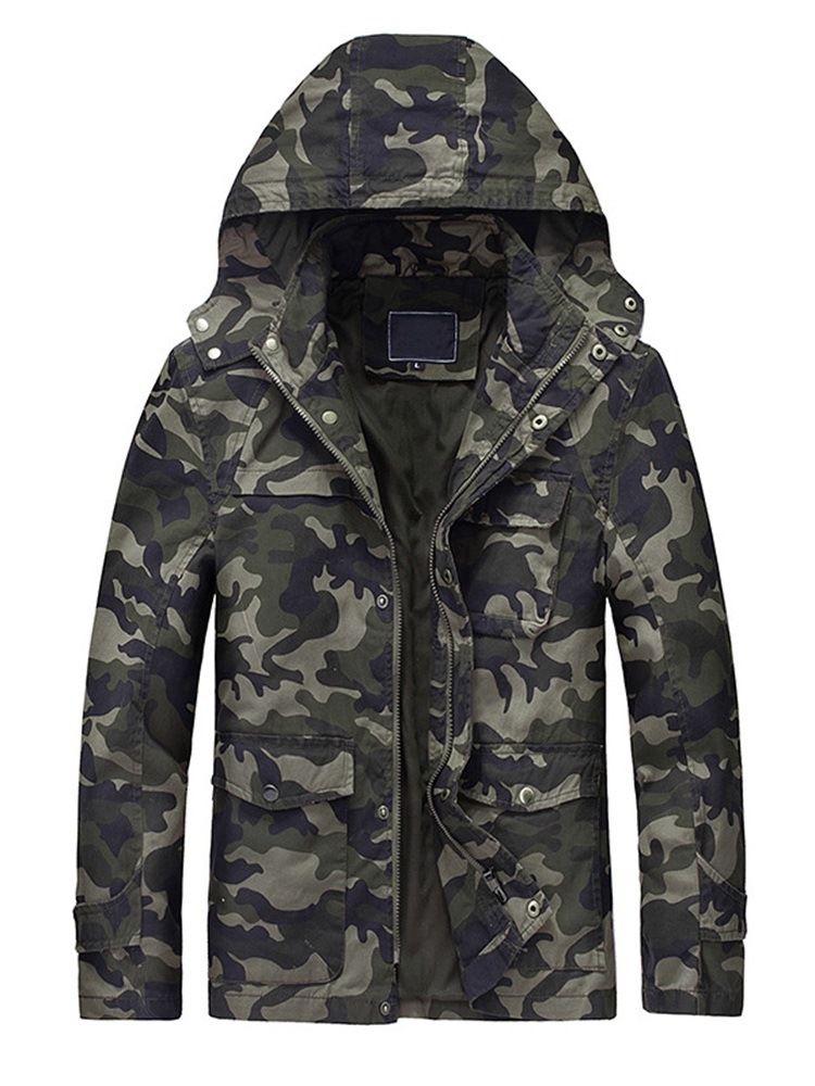 Camouflage Printed Hooded Zipper Mens Casual Thick Jacket