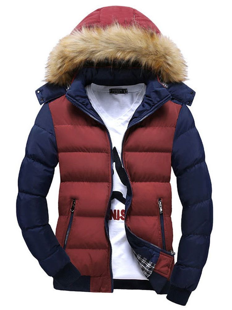 Color Block Faux Fur Collar Thicken Men's Cotton Coat