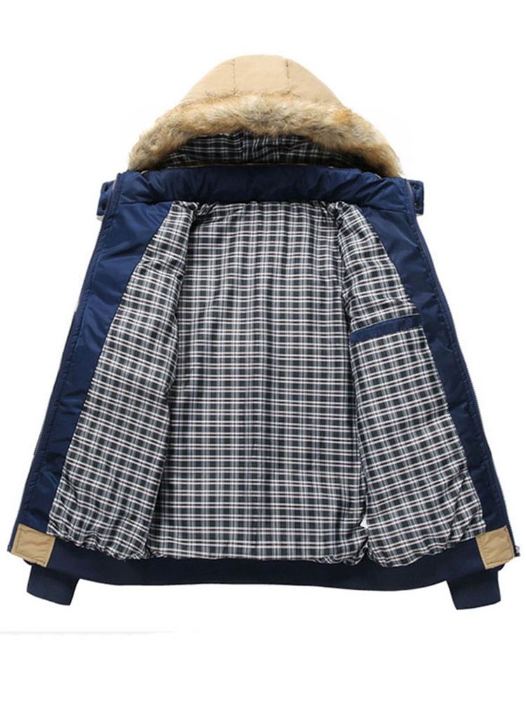 Color Block Faux Fur Collar Thicken Men's Cotton Coat