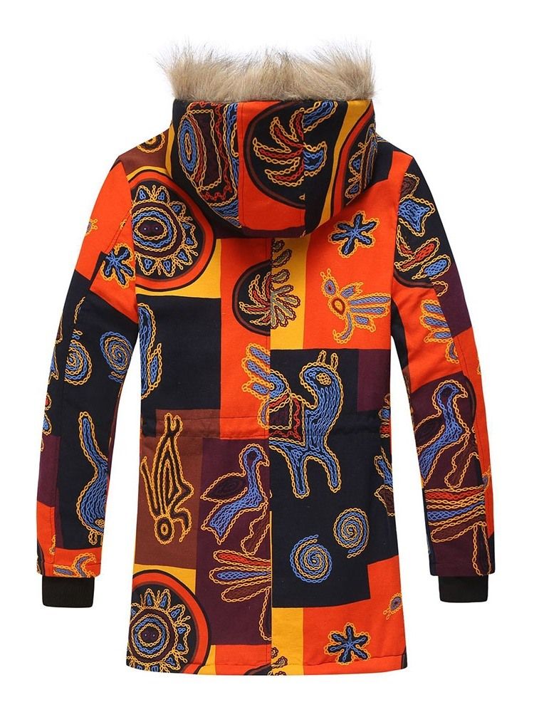 Hooded Print Mid-length Single-breasted Casual Down Men's Jacket