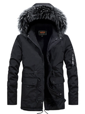 Plain Fur Hooded Mid-length Pocket Mens Casual Down Jacket