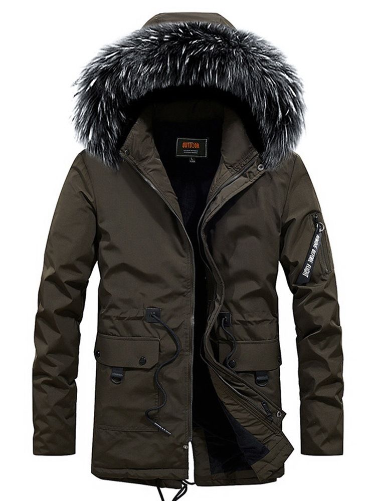 Plain Fur Hooded Mid-length Pocket Mens Casual Down Jacket