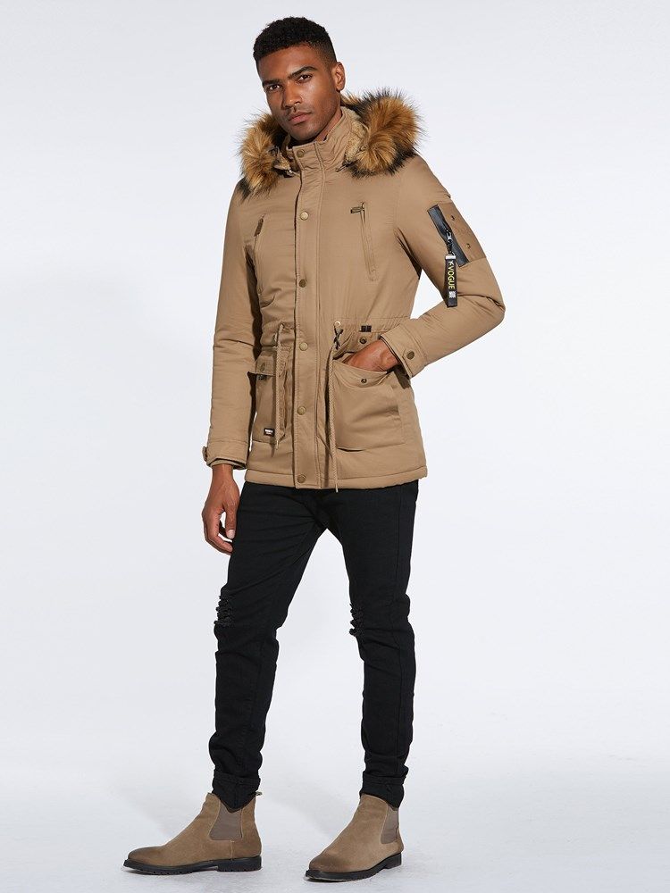 Plain Lace Up Fur Hooded Lynlås Knap Herre Tykke Vinterfrakker