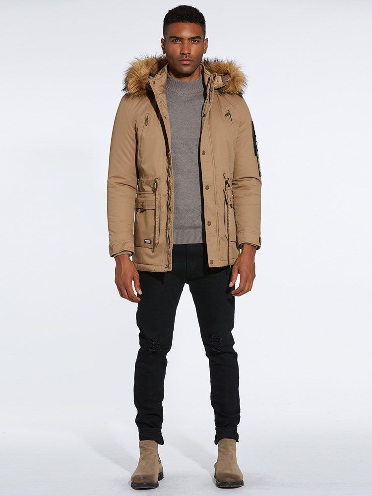 Plain Lace Up Fur Hooded Lynlås Knap Herre Tykke Vinterfrakker