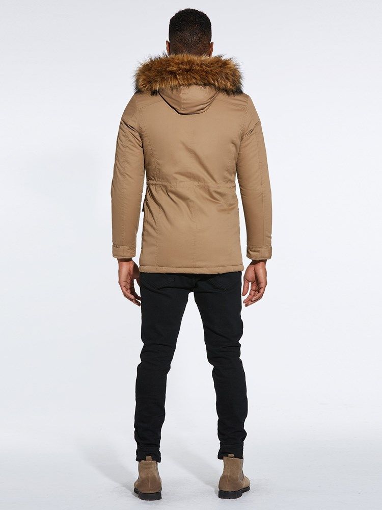 Plain Lace Up Fur Hooded Lynlås Knap Herre Tykke Vinterfrakker