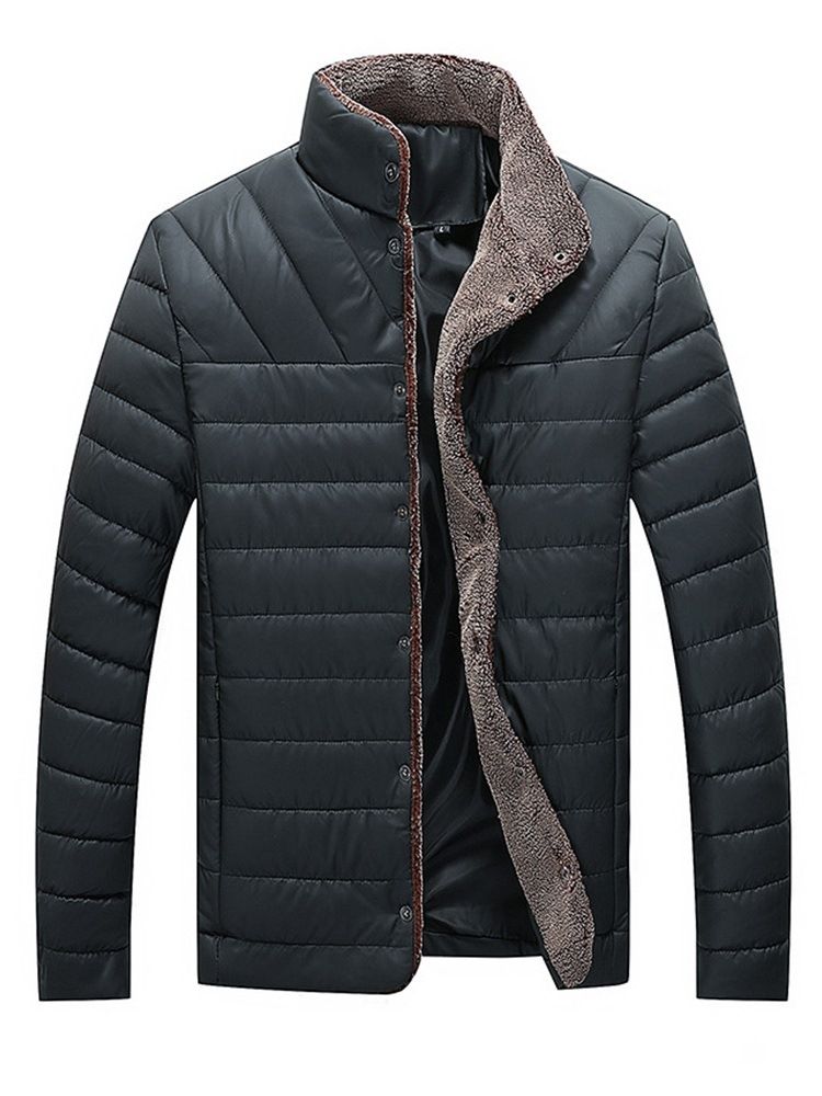 Stand Collar Plain Pocket Mens Winter Quilted Jacket