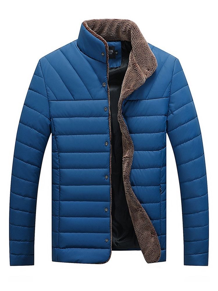 Stand Collar Plain Pocket Mens Winter Quilted Jacket