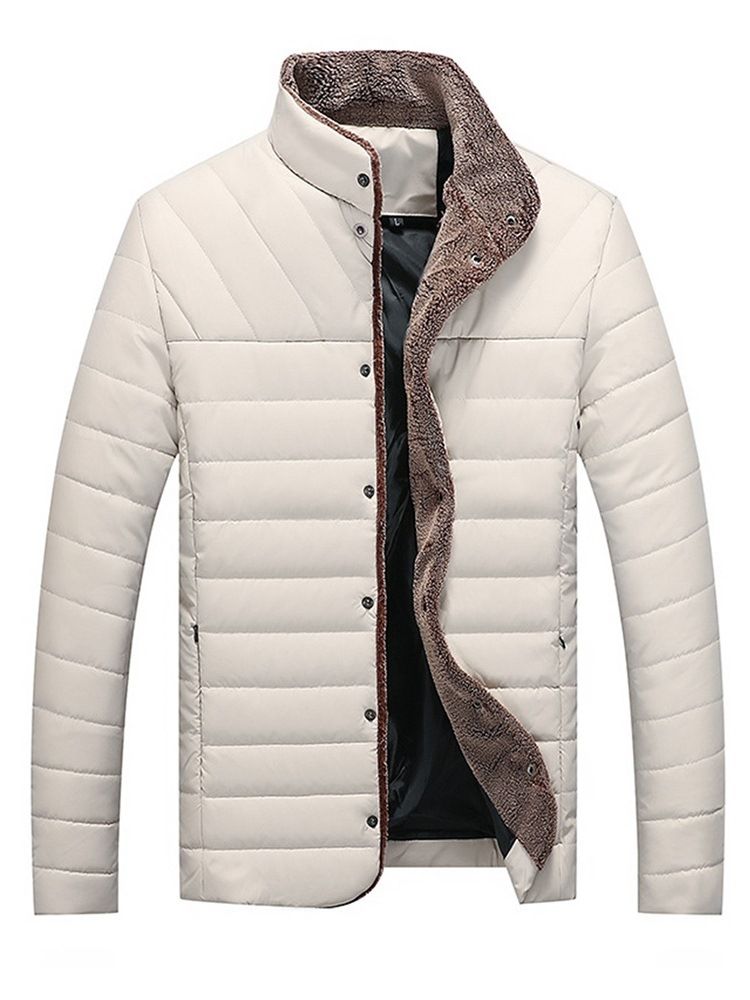 Stand Collar Plain Pocket Mens Winter Quilted Jacket