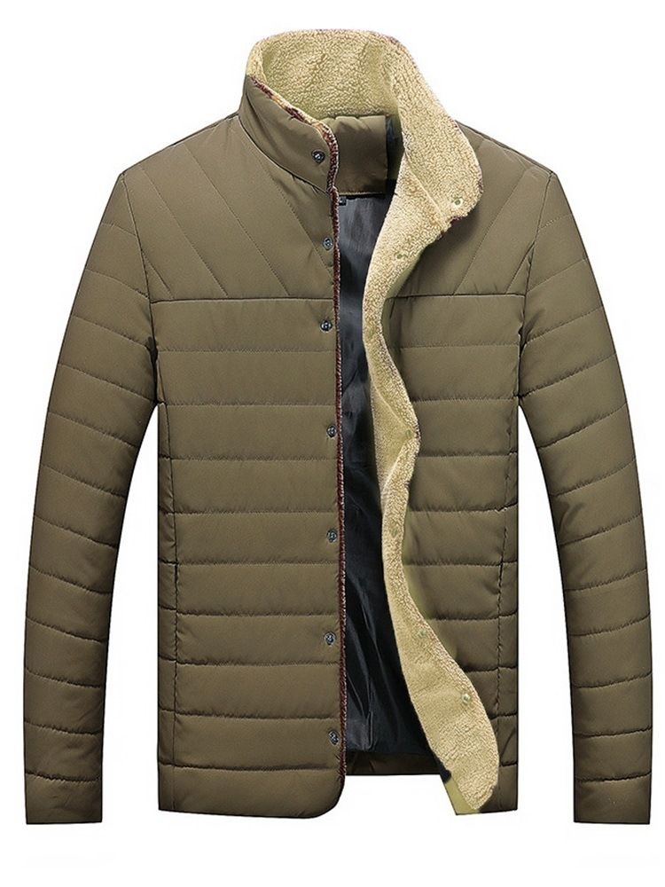 Stand Collar Plain Pocket Mens Winter Quilted Jacket