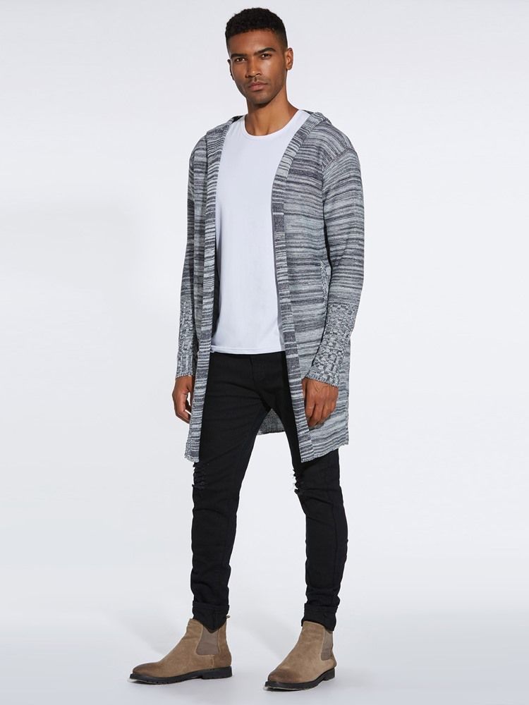 Color Block Hooded Mid-length Herre Casual Cardigan Sweaters