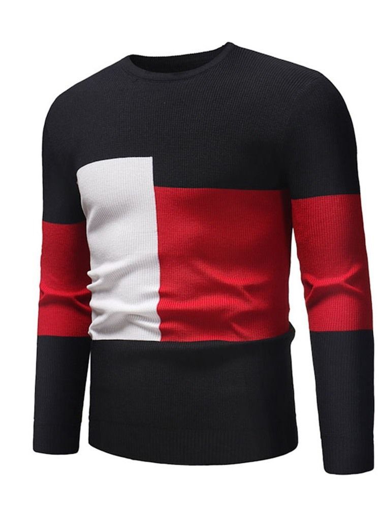 Color Block Patchwork Rund Hals Afslappet Mænds Slim Sweater