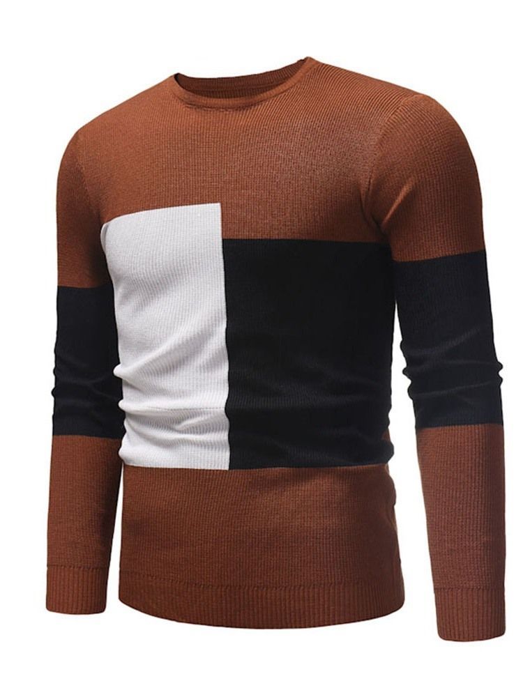 Color Block Patchwork Rund Hals Afslappet Mænds Slim Sweater