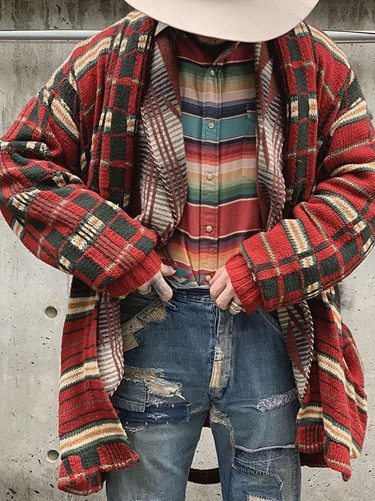 Herre Plaid Mid-length Loose Winter Sweater